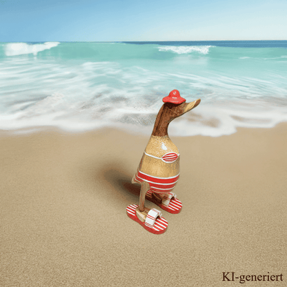 Ente aus Bambus - Badefreund - mit roten Flip Flops, Hut und Bikini - Höhe ca. 25 cm. Wunderschöne Deko aus Bambuswurzel. Jedes Teil handgefertigt und ein Unikat. Ein Hingucker für Drinnen und Draußen. Das Bild ist KI-generiert