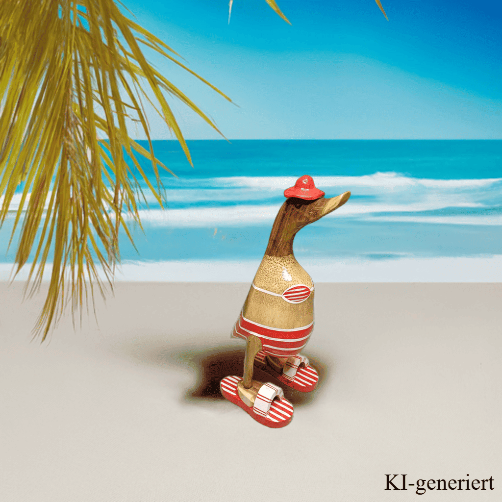 Ente aus Bambus - Badefreund - mit roten Flip Flops, Hut und Bikini - Höhe ca. 25 cm. Wunderschöne Deko aus Bambuswurzel. Jedes Teil handgefertigt und ein Unikat. Ein Hingucker für Drinnen und Draußen. Das Bild ist KI-generiert