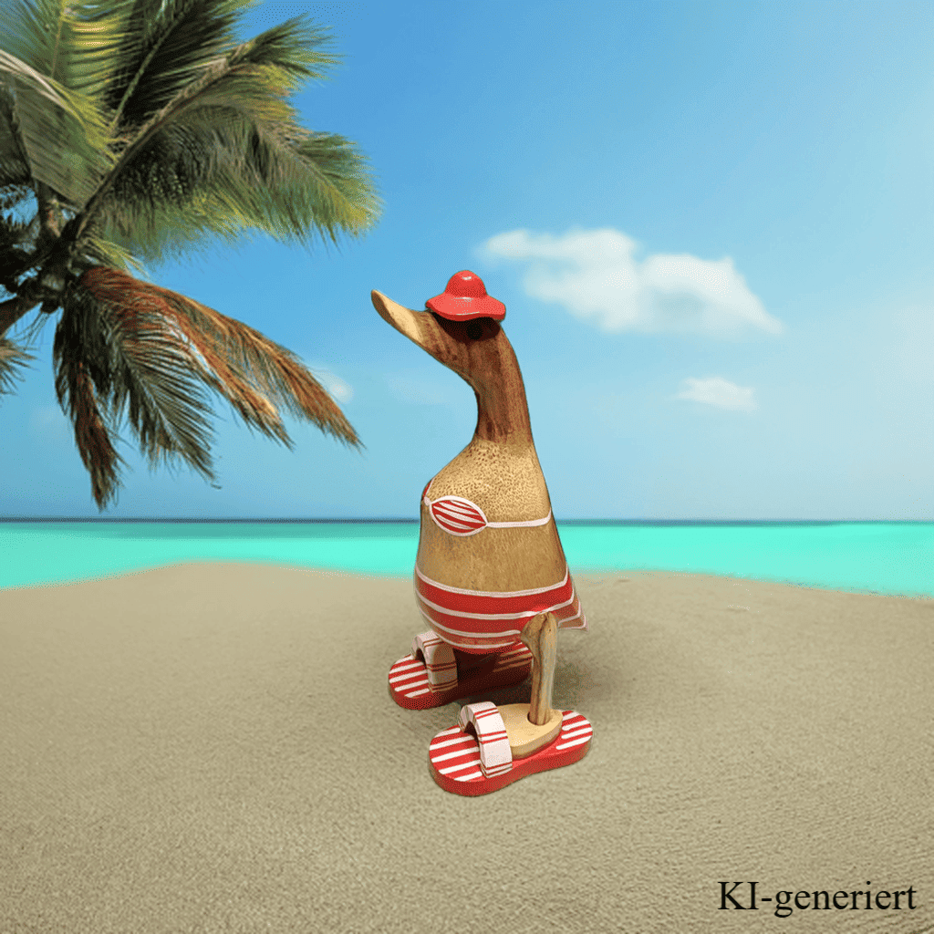 Ente aus Bambus - Badefreund - mit roten Flip Flops, Hut und Bikini - Höhe ca. 25 cm. Wunderschöne Deko aus Bambuswurzel. Jedes Teil handgefertigt und ein Unikat. Ein Hingucker für Drinnen und Draußen. Das Bild ist KI-generiert