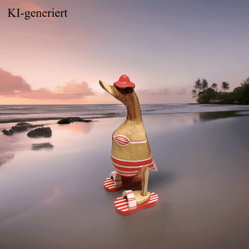 Ente aus Bambus - Badefreund - mit roten Flip Flops, Hut und Bikini - Höhe ca. 25 cm. Wunderschöne Deko aus Bambuswurzel. Jedes Teil handgefertigt und ein Unikat. Ein Hingucker für Drinnen und Draußen. Das Bild ist KI-generiert