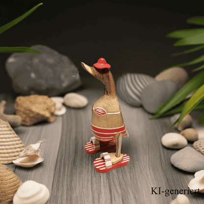 Ente aus Bambus - Badefreund - mit roten Flip Flops, Hut und Bikini - Höhe ca. 25 cm. Wunderschöne Deko aus Bambuswurzel. Jedes Teil handgefertigt und ein Unikat. Ein Hingucker für Drinnen und Draußen. Das Bild ist KI-generiert