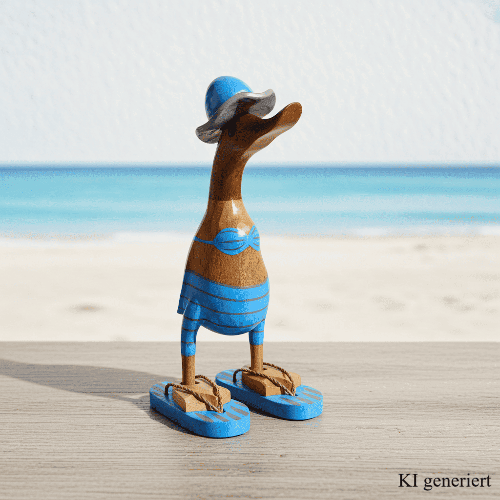 Bambusente im hellblauen Bikini mit grauen Streifen, Sonnenhut und Flip Flops - Höhe ca. 25 cm.
Wunderschöne Deko aus Bambuswurzel. Jedes Teil handgefertigt und ein Unikat. Ein Hingucker für Drinnen und Draußen
Zudem stehen die Enten aus Bambus für Familie, Treue & Liebe und Holz für Wachstum. So macht es sie dadurch auch zu einem bedeutungsvollen Geschenk für einen lieben Menschen.