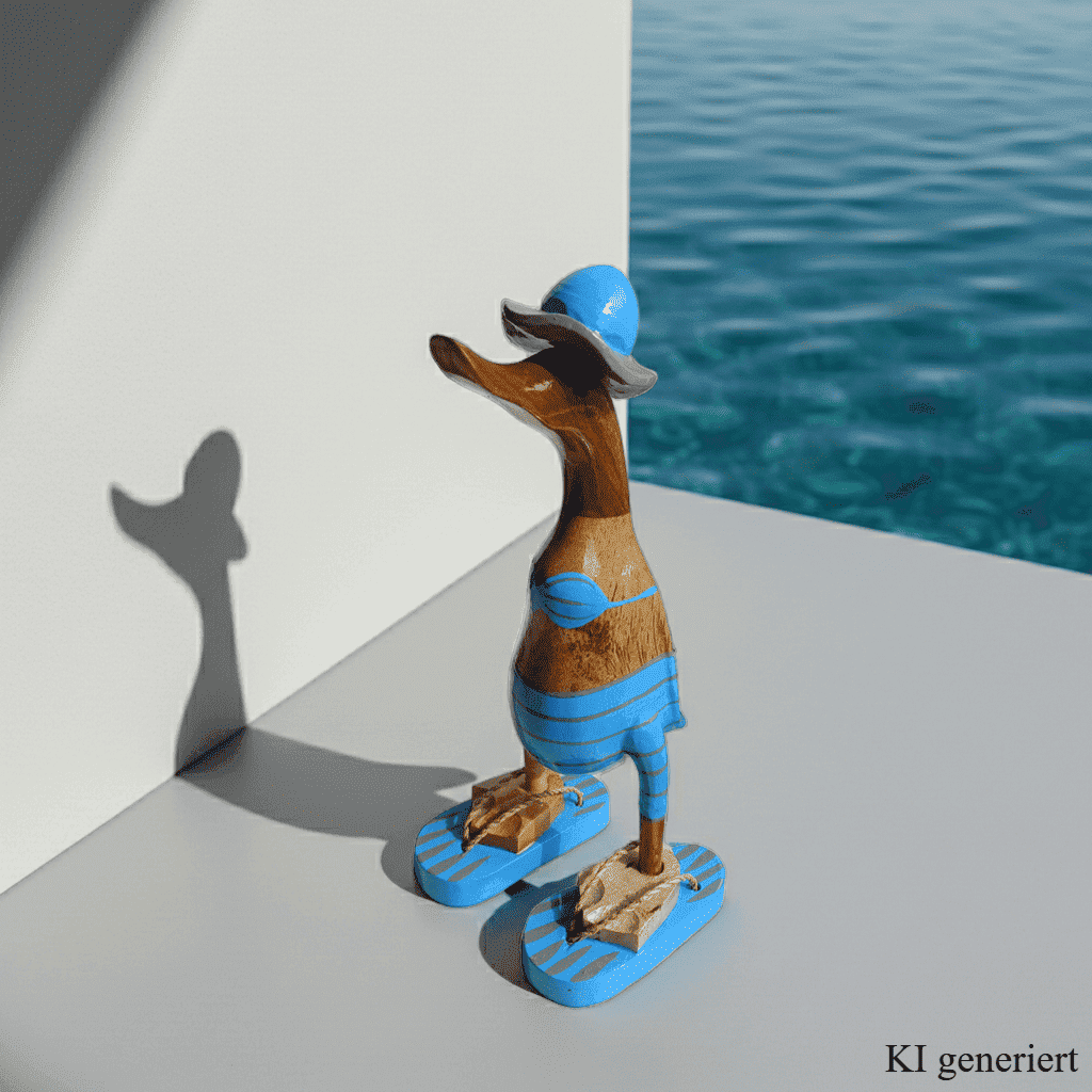 Bambusente im hellblauen Bikini mit grauen Streifen, Sonnenhut und Flip Flops - Höhe ca. 25 cm.
Wunderschöne Deko aus Bambuswurzel. Jedes Teil handgefertigt und ein Unikat. Ein Hingucker für Drinnen und Draußen
Zudem stehen die Enten aus Bambus für Familie, Treue & Liebe und Holz für Wachstum. So macht es sie dadurch auch zu einem bedeutungsvollen Geschenk für einen lieben Menschen.