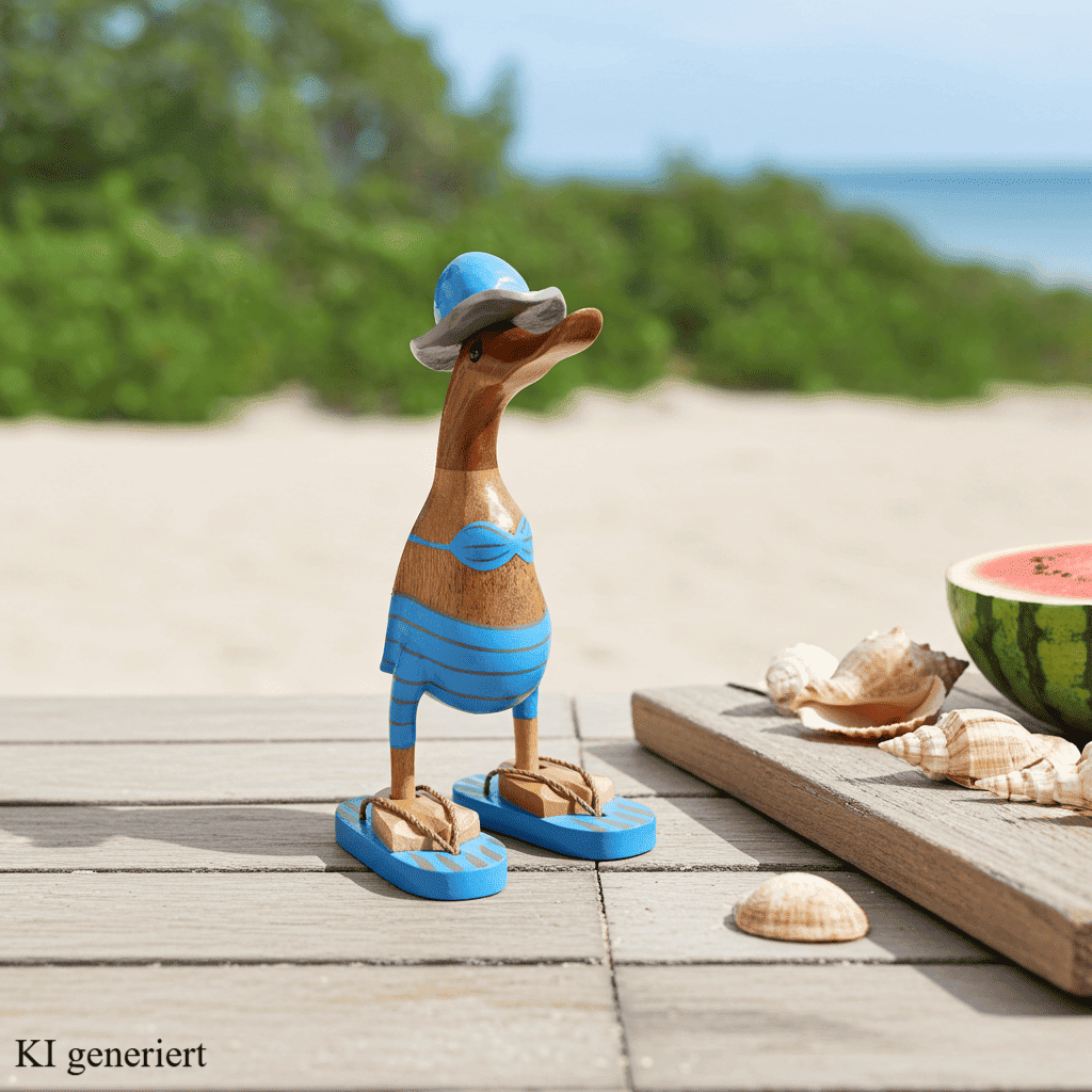 Bambusente im hellblauen Bikini mit grauen Streifen, Sonnenhut und Flip Flops - Höhe ca. 25 cm.
Wunderschöne Deko aus Bambuswurzel. Jedes Teil handgefertigt und ein Unikat. Ein Hingucker für Drinnen und Draußen
Zudem stehen die Enten aus Bambus für Familie, Treue & Liebe und Holz für Wachstum. So macht es sie dadurch auch zu einem bedeutungsvollen Geschenk für einen lieben Menschen.