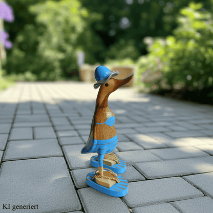 Bambusente im hellblauen Bikini mit grauen Streifen, Sonnenhut und Flip Flops - Höhe ca. 25 cm.
Wunderschöne Deko aus Bambuswurzel. Jedes Teil handgefertigt und ein Unikat. Ein Hingucker für Drinnen und Draußen
Zudem stehen die Enten aus Bambus für Familie, Treue & Liebe und Holz für Wachstum. So macht es sie dadurch auch zu einem bedeutungsvollen Geschenk für einen lieben Menschen.