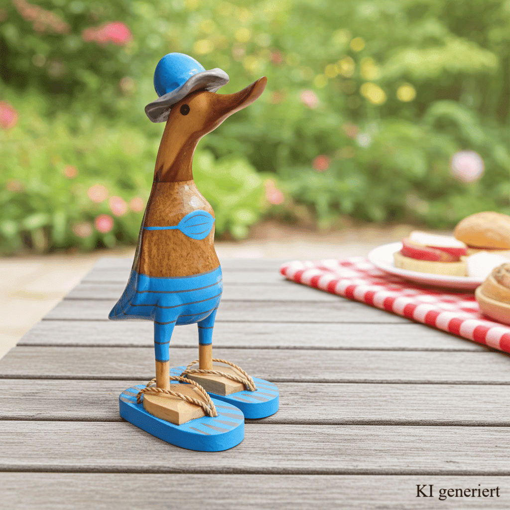 Bambusente im hellblauen Bikini mit grauen Streifen, Sonnenhut und Flip Flops - Höhe ca. 25 cm.
Wunderschöne Deko aus Bambuswurzel. Jedes Teil handgefertigt und ein Unikat. Ein Hingucker für Drinnen und Draußen
Zudem stehen die Enten aus Bambus für Familie, Treue & Liebe und Holz für Wachstum. So macht es sie dadurch auch zu einem bedeutungsvollen Geschenk für einen lieben Menschen.