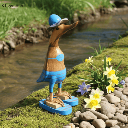 Bambusente im hellblauen Bikini mit grauen Streifen, Sonnenhut und Flip Flops - Höhe ca. 25 cm.
Wunderschöne Deko aus Bambuswurzel. Jedes Teil handgefertigt und ein Unikat. Ein Hingucker für Drinnen und Draußen
Zudem stehen die Enten aus Bambus für Familie, Treue & Liebe und Holz für Wachstum. So macht es sie dadurch auch zu einem bedeutungsvollen Geschenk für einen lieben Menschen.