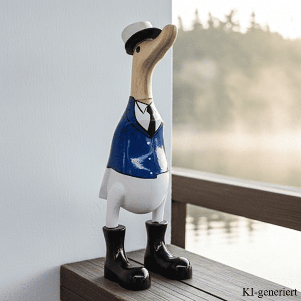 Bambusente Kapitän mit schwarzen Stiefeln, Krawatte und blauer Uniform. Stolz trägt er seine Kapitänsmütze. Die Bambusente hat eine Höhe von ca. 25 cm. Wunderschöne Deko aus Bambuswurzel. Jedes Teil handgefertigt und ein Unikat. Ein Hingucker für Drinnen und Draußen. Zudem stehen die Enten aus Bambus für Familie, Treue & Liebe und Holz für Wachstum. So macht es sie dadurch auch zu einem bedeutungsvollen Geschenk für einen lieben Menschen.