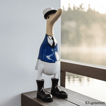 Bambusente Kapitän mit schwarzen Stiefeln, Krawatte und blauer Uniform. Stolz trägt er seine Kapitänsmütze. Die Bambusente hat eine Höhe von ca. 25 cm. Wunderschöne Deko aus Bambuswurzel. Jedes Teil handgefertigt und ein Unikat. Ein Hingucker für Drinnen und Draußen. Zudem stehen die Enten aus Bambus für Familie, Treue & Liebe und Holz für Wachstum. So macht es sie dadurch auch zu einem bedeutungsvollen Geschenk für einen lieben Menschen.
