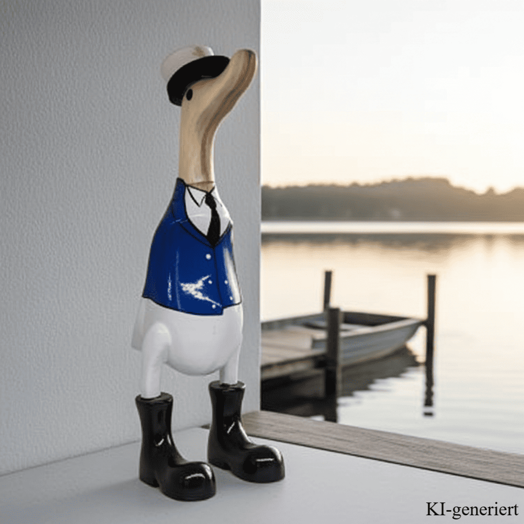 Bambusente Kapitän mit schwarzen Stiefeln, Krawatte und blauer Uniform. Stolz trägt er seine Kapitänsmütze. Die Bambusente hat eine Höhe von ca. 25 cm. Wunderschöne Deko aus Bambuswurzel. Jedes Teil handgefertigt und ein Unikat. Ein Hingucker für Drinnen und Draußen. Zudem stehen die Enten aus Bambus für Familie, Treue & Liebe und Holz für Wachstum. So macht es sie dadurch auch zu einem bedeutungsvollen Geschenk für einen lieben Menschen.