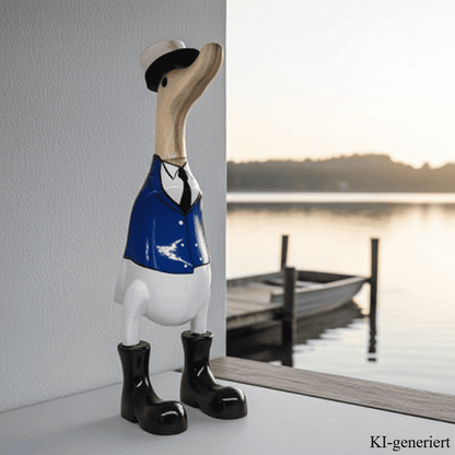 Bambusente Kapitän mit schwarzen Stiefeln, Krawatte und blauer Uniform. Stolz trägt er seine Kapitänsmütze. Die Bambusente hat eine Höhe von ca. 25 cm. Wunderschöne Deko aus Bambuswurzel. Jedes Teil handgefertigt und ein Unikat. Ein Hingucker für Drinnen und Draußen. Zudem stehen die Enten aus Bambus für Familie, Treue & Liebe und Holz für Wachstum. So macht es sie dadurch auch zu einem bedeutungsvollen Geschenk für einen lieben Menschen.