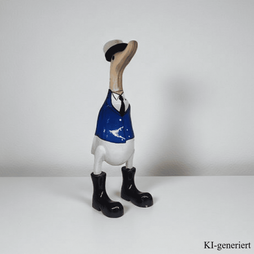 Bambusente Kapitän mit schwarzen Stiefeln, Krawatte und blauer Uniform. Stolz trägt er seine Kapitänsmütze. Die Bambusente hat eine Höhe von ca. 25 cm. Wunderschöne Deko aus Bambuswurzel. Jedes Teil handgefertigt und ein Unikat. Ein Hingucker für Drinnen und Draußen. Zudem stehen die Enten aus Bambus für Familie, Treue & Liebe und Holz für Wachstum. So macht es sie dadurch auch zu einem bedeutungsvollen Geschenk für einen lieben Menschen.