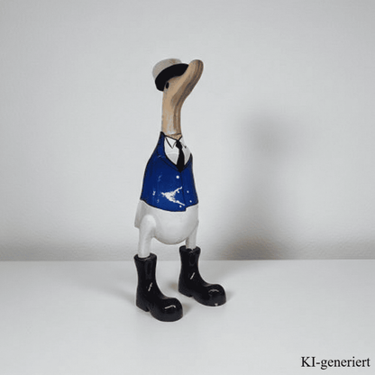Bambusente Kapitän mit schwarzen Stiefeln, Krawatte und blauer Uniform. Stolz trägt er seine Kapitänsmütze. Die Bambusente hat eine Höhe von ca. 25 cm. Wunderschöne Deko aus Bambuswurzel. Jedes Teil handgefertigt und ein Unikat. Ein Hingucker für Drinnen und Draußen. Zudem stehen die Enten aus Bambus für Familie, Treue & Liebe und Holz für Wachstum. So macht es sie dadurch auch zu einem bedeutungsvollen Geschenk für einen lieben Menschen.