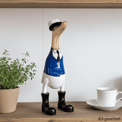 Bambusente Kapitän mit schwarzen Stiefeln, Krawatte und blauer Uniform. Stolz trägt er seine Kapitänsmütze. Die Bambusente hat eine Höhe von ca. 25 cm. Wunderschöne Deko aus Bambuswurzel. Jedes Teil handgefertigt und ein Unikat. Ein Hingucker für Drinnen und Draußen. Zudem stehen die Enten aus Bambus für Familie, Treue & Liebe und Holz für Wachstum. So macht es sie dadurch auch zu einem bedeutungsvollen Geschenk für einen lieben Menschen.