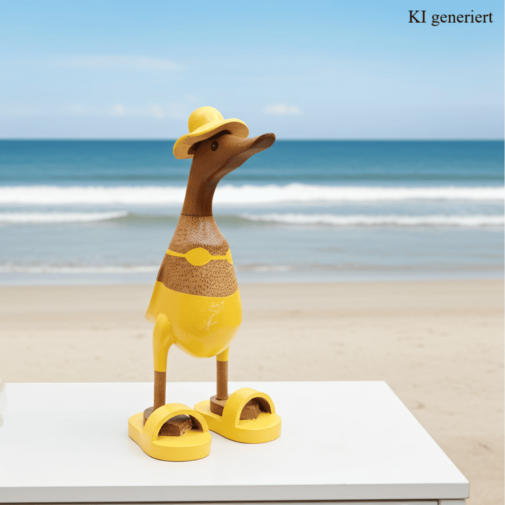 Bambusente mit Bikini, Sonnenhut und Badelatschen in Gelb. Höhe ca. 25 cm.
Wunderschöne Deko aus Bambuswurzel. Jedes Teil handgefertigt und ein Unikat. Ein Hingucker für Drinnen und Draußen.
Zudem stehen die Enten aus Bambus für Familie, Treue & Liebe und Holz für Wachstum. So macht es sie dadurch auch zu einem bedeutungsvollen Geschenk für einen lieben Menschen.
