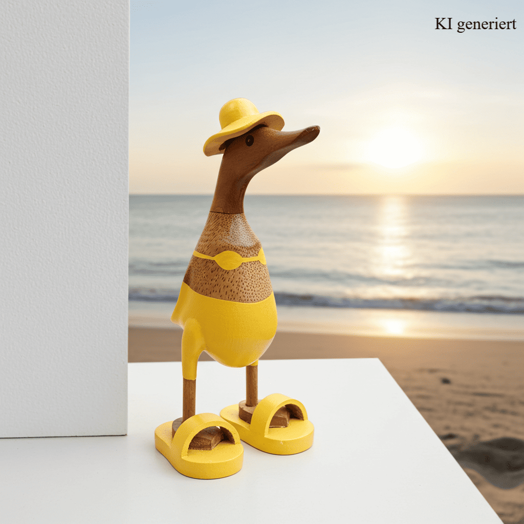 Bambusente mit Bikini, Sonnenhut und Badelatschen in Gelb. Höhe ca. 25 cm.
Wunderschöne Deko aus Bambuswurzel. Jedes Teil handgefertigt und ein Unikat. Ein Hingucker für Drinnen und Draußen.
Zudem stehen die Enten aus Bambus für Familie, Treue & Liebe und Holz für Wachstum. So macht es sie dadurch auch zu einem bedeutungsvollen Geschenk für einen lieben Menschen.