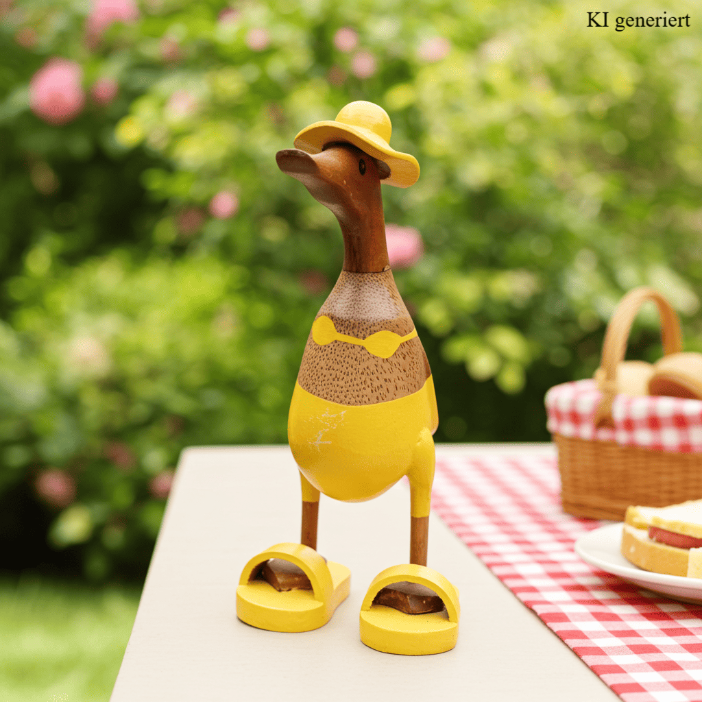 Bambusente mit Bikini, Sonnenhut und Badelatschen in Gelb. Höhe ca. 25 cm.
Wunderschöne Deko aus Bambuswurzel. Jedes Teil handgefertigt und ein Unikat. Ein Hingucker für Drinnen und Draußen.
Zudem stehen die Enten aus Bambus für Familie, Treue & Liebe und Holz für Wachstum. So macht es sie dadurch auch zu einem bedeutungsvollen Geschenk für einen lieben Menschen.