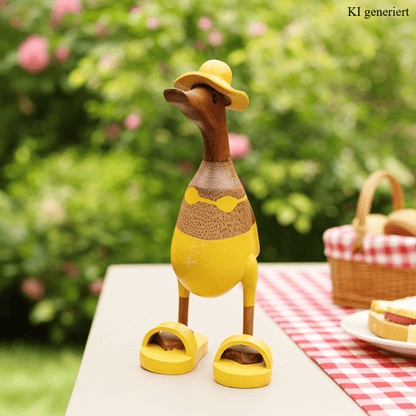 Bambusente mit Bikini, Sonnenhut und Badelatschen in Gelb. Höhe ca. 25 cm.
Wunderschöne Deko aus Bambuswurzel. Jedes Teil handgefertigt und ein Unikat. Ein Hingucker für Drinnen und Draußen.
Zudem stehen die Enten aus Bambus für Familie, Treue & Liebe und Holz für Wachstum. So macht es sie dadurch auch zu einem bedeutungsvollen Geschenk für einen lieben Menschen.