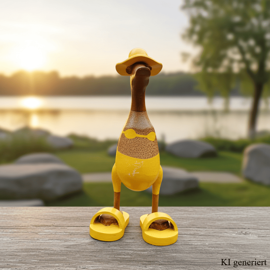 Bambusente mit Bikini, Sonnenhut und Badelatschen in Gelb. Höhe ca. 25 cm.
Wunderschöne Deko aus Bambuswurzel. Jedes Teil handgefertigt und ein Unikat. Ein Hingucker für Drinnen und Draußen.
Zudem stehen die Enten aus Bambus für Familie, Treue & Liebe und Holz für Wachstum. So macht es sie dadurch auch zu einem bedeutungsvollen Geschenk für einen lieben Menschen.