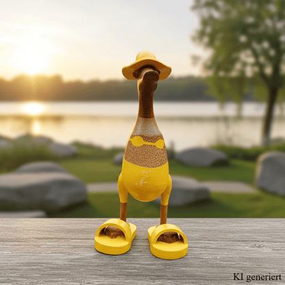 Bambusente mit Bikini, Sonnenhut und Badelatschen in Gelb. Höhe ca. 25 cm.
Wunderschöne Deko aus Bambuswurzel. Jedes Teil handgefertigt und ein Unikat. Ein Hingucker für Drinnen und Draußen.
Zudem stehen die Enten aus Bambus für Familie, Treue & Liebe und Holz für Wachstum. So macht es sie dadurch auch zu einem bedeutungsvollen Geschenk für einen lieben Menschen.