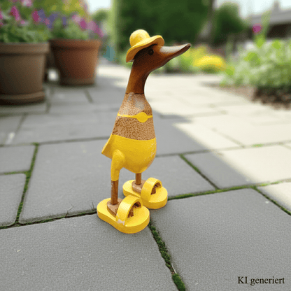 Bambusente mit Bikini, Sonnenhut und Badelatschen in Gelb. Höhe ca. 25 cm.
Wunderschöne Deko aus Bambuswurzel. Jedes Teil handgefertigt und ein Unikat. Ein Hingucker für Drinnen und Draußen.
Zudem stehen die Enten aus Bambus für Familie, Treue & Liebe und Holz für Wachstum. So macht es sie dadurch auch zu einem bedeutungsvollen Geschenk für einen lieben Menschen.