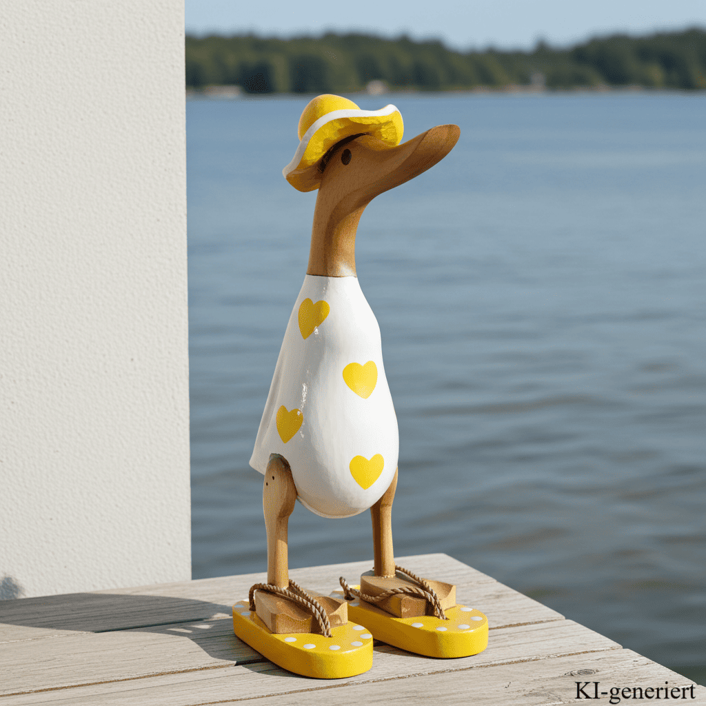 Bambusente - mit gelben Herzen, orangen Flip Flops und Sonnenhut und einer Höhe von 25 cm.       Wunderschöne Deko aus Bambuswurzel. Jedes Teil handgefertigt und ein Unikat. Ein Hingucker für Drinnen und Draußen.
Zudem stehen die Enten aus Bambus für Familie, Treue & Liebe und Holz für Wachstum. So macht es sie dadurch auch zu einem bedeutungsvollen Geschenk für einen lieben Menschen.