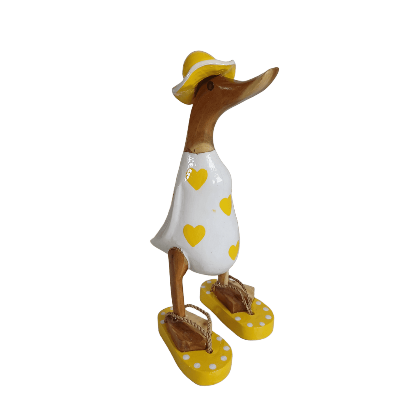 Bambusente - mit gelben Herzen, orangen Flip Flops und Sonnenhut und einer Höhe von 25 cm.       Wunderschöne Deko aus Bambuswurzel. Jedes Teil handgefertigt und ein Unikat. Ein Hingucker für Drinnen und Draußen.
Zudem stehen die Enten aus Bambus für Familie, Treue & Liebe und Holz für Wachstum. So macht es sie dadurch auch zu einem bedeutungsvollen Geschenk für einen lieben Menschen.