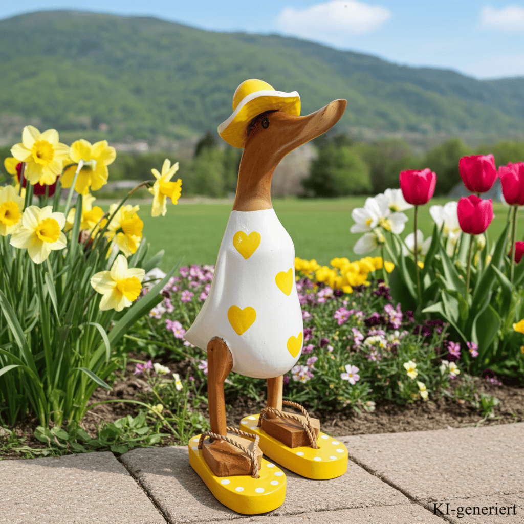 Bambusente - mit gelben Herzen, orangen Flip Flops und Sonnenhut und einer Höhe von 25 cm.       Wunderschöne Deko aus Bambuswurzel. Jedes Teil handgefertigt und ein Unikat. Ein Hingucker für Drinnen und Draußen.
Zudem stehen die Enten aus Bambus für Familie, Treue & Liebe und Holz für Wachstum. So macht es sie dadurch auch zu einem bedeutungsvollen Geschenk für einen lieben Menschen.