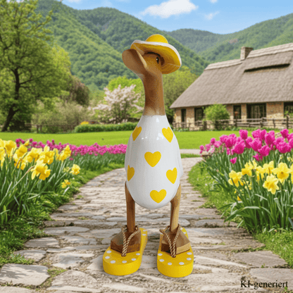 Bambusente - mit gelben Herzen, orangen Flip Flops und Sonnenhut und einer Höhe von 25 cm.       Wunderschöne Deko aus Bambuswurzel. Jedes Teil handgefertigt und ein Unikat. Ein Hingucker für Drinnen und Draußen.
Zudem stehen die Enten aus Bambus für Familie, Treue & Liebe und Holz für Wachstum. So macht es sie dadurch auch zu einem bedeutungsvollen Geschenk für einen lieben Menschen.