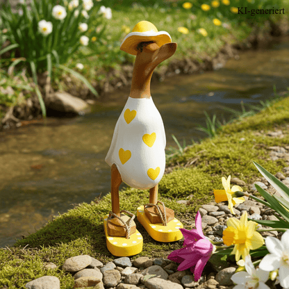 Bambusente - mit gelben Herzen, orangen Flip Flops und Sonnenhut und einer Höhe von 25 cm.       Wunderschöne Deko aus Bambuswurzel. Jedes Teil handgefertigt und ein Unikat. Ein Hingucker für Drinnen und Draußen.
Zudem stehen die Enten aus Bambus für Familie, Treue & Liebe und Holz für Wachstum. So macht es sie dadurch auch zu einem bedeutungsvollen Geschenk für einen lieben Menschen.