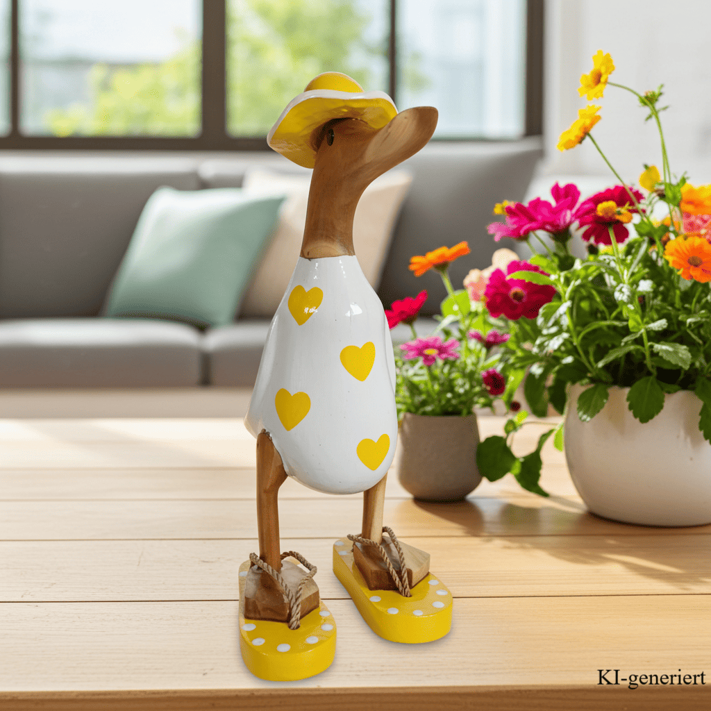 Bambusente - mit gelben Herzen, orangen Flip Flops und Sonnenhut und einer Höhe von 25 cm.       Wunderschöne Deko aus Bambuswurzel. Jedes Teil handgefertigt und ein Unikat. Ein Hingucker für Drinnen und Draußen.
Zudem stehen die Enten aus Bambus für Familie, Treue & Liebe und Holz für Wachstum. So macht es sie dadurch auch zu einem bedeutungsvollen Geschenk für einen lieben Menschen.