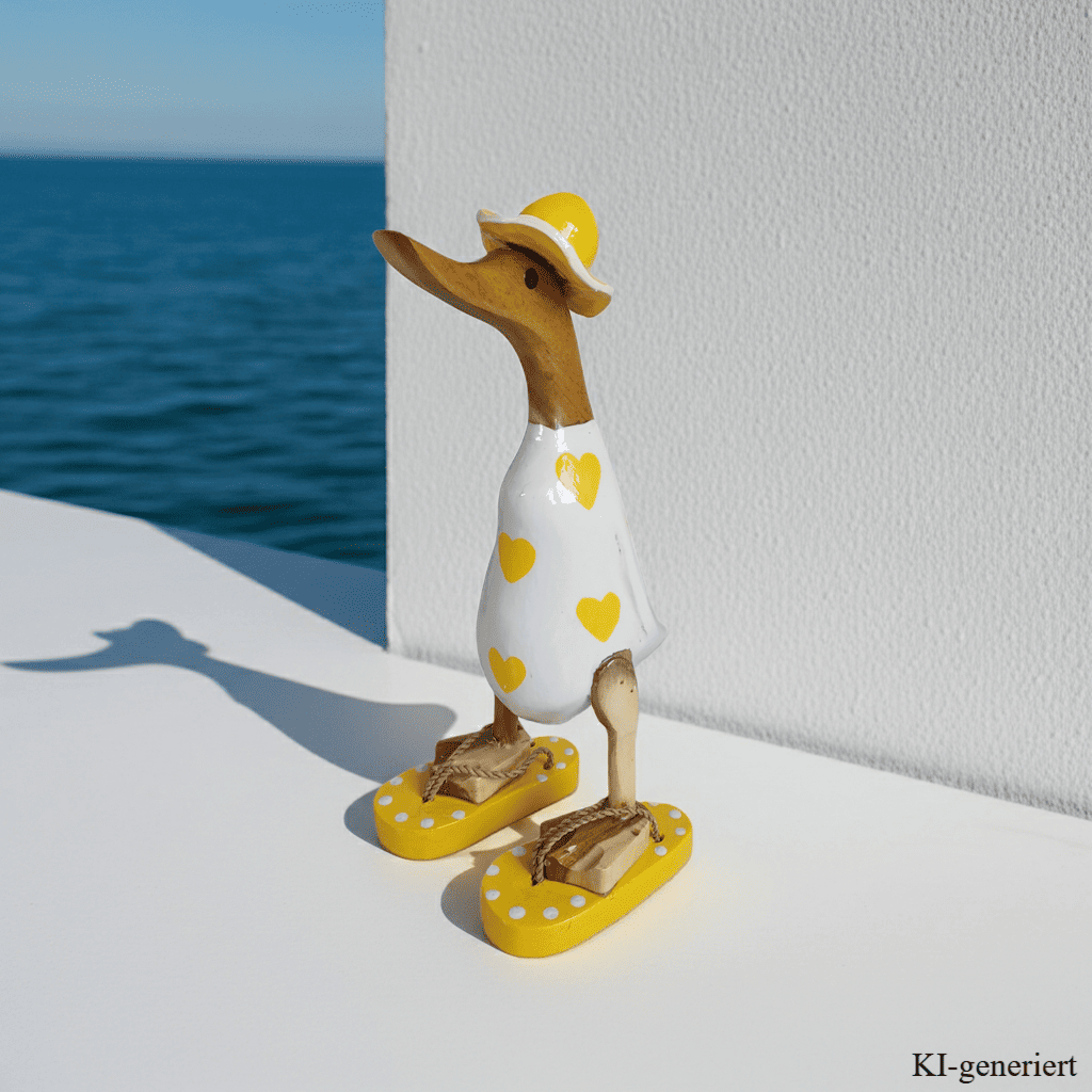 Bambusente - mit gelben Herzen, orangen Flip Flops und Sonnenhut und einer Höhe von 25 cm.       Wunderschöne Deko aus Bambuswurzel. Jedes Teil handgefertigt und ein Unikat. Ein Hingucker für Drinnen und Draußen.
Zudem stehen die Enten aus Bambus für Familie, Treue & Liebe und Holz für Wachstum. So macht es sie dadurch auch zu einem bedeutungsvollen Geschenk für einen lieben Menschen.