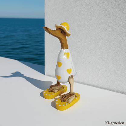 Bambusente - mit gelben Herzen, orangen Flip Flops und Sonnenhut und einer Höhe von 25 cm.       Wunderschöne Deko aus Bambuswurzel. Jedes Teil handgefertigt und ein Unikat. Ein Hingucker für Drinnen und Draußen.
Zudem stehen die Enten aus Bambus für Familie, Treue & Liebe und Holz für Wachstum. So macht es sie dadurch auch zu einem bedeutungsvollen Geschenk für einen lieben Menschen.