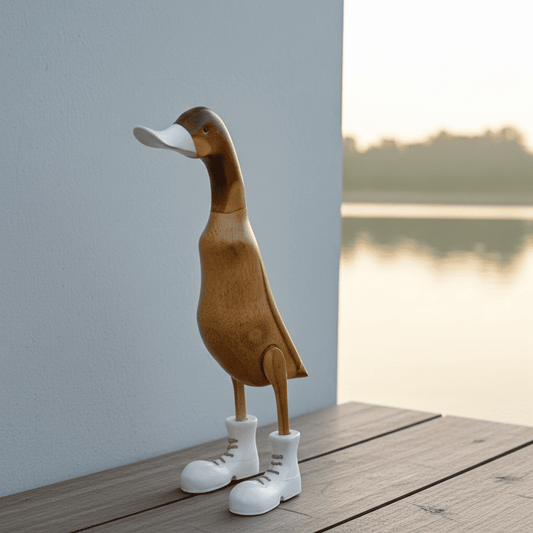 Ente aus Bambus mit weißen Stiefeln, weißem Schnabel und einer Höhe von 25 cm. Wunderschöne Deko aus Bambuswurzel. Jedes Teil handgefertigt und ein Unikat. Ein Hingucker für Drinnen und Draußen.