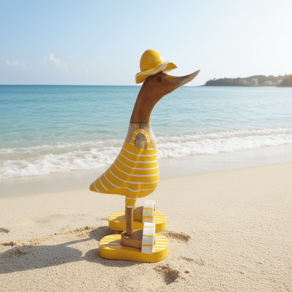 Bambusente im gelbem Badeanzug mit weißen Streifen, Sonnenhut und Flip Flops - Höhe ca. 25 cm. 
Wunderschöne Deko aus Bambuswurzel. Jedes Teil handgefertigt und ein Unikat. Ein Hingucker für Drinnen und Draußen. 
Bambusente mit Badeanzug, Sonnenhut und Flip Flops / gelb mit weißen Streifen - Farbe: natur / gelb / weiß - Material: Bambus - Maße: Höhe 25 cm - 
Ursprung: Indonesien