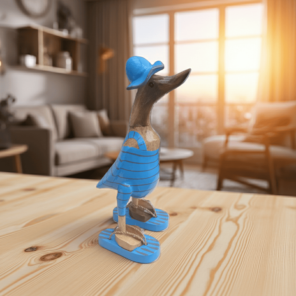 Bambusente im hellblauen Badeanzug mit grauen Streifen, Sonnenhut und Flip Flops - Höhe ca. 25 cm. 
Wunderschöne Deko aus Bambuswurzel. Jedes Teil handgefertigt und ein Unikat. Ein Hingucker für Drinnen und Draußen. 
Bambusente mit Badeanzug, Sonnenhut und Flip Flops / hellblau mit grauen Streifen - Farbe: natur / hellblau / grau - 
Material: Bambus - Maße: Höhe 25 cm - 
Ursprung: Indonesien