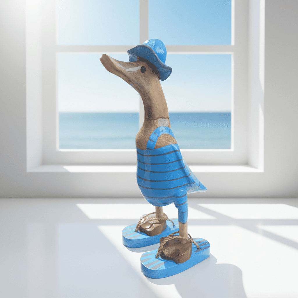 Bambusente im hellblauen Badeanzug mit grauen Streifen, Sonnenhut und Flip Flops - Höhe ca. 25 cm. 
Wunderschöne Deko aus Bambuswurzel. Jedes Teil handgefertigt und ein Unikat. Ein Hingucker für Drinnen und Draußen. 
Bambusente mit Badeanzug, Sonnenhut und Flip Flops / hellblau mit grauen Streifen - Farbe: natur / hellblau / grau - 
Material: Bambus - Maße: Höhe 25 cm - 
Ursprung: Indonesien