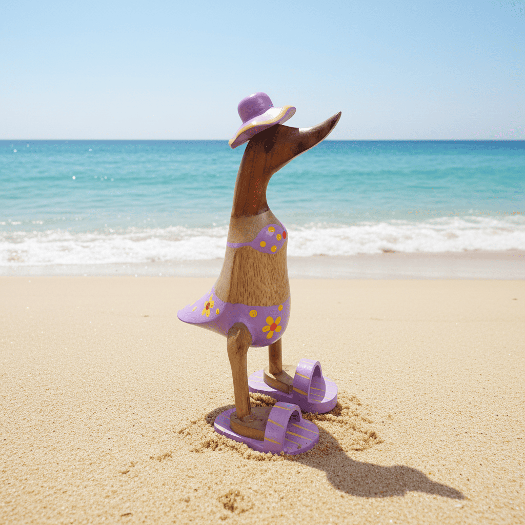 Ente aus Bambus im flieder Blümchen Bikini, mit Flip Flops und Sonnenhut - Höhe ca. 25 cm. 
Wunderschöne Deko aus Bambuswurzel. Jedes Teil handgefertigt und ein Unikat. Ein Hingucker für Drinnen und Draußen. 
Ente im flieder Blümchen Bikini mit Sonnenhut und Flip Flops - Farbe: natur / weiß / gelb / flieder - Material: Bambus - Maße: Höhe 25 cm - Ursprung: Indonesien
