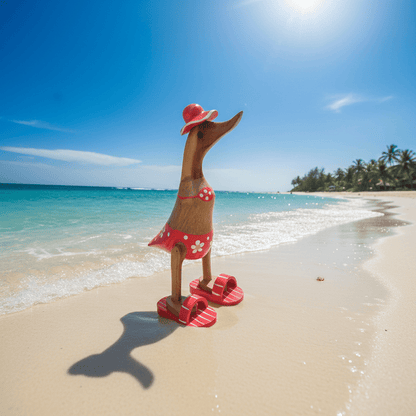 Ente aus Bambus im roten Blümchen Bikini, mit Flip Flops und Sonnenhut - Höhe ca. 25 cm. Wunderschöne Deko aus Bambuswurzel. Jedes Teil handgefertigt und ein Unikat. Ein Hingucker für Drinnen und Draußen. 
Ente im roten Blümchen Bikini mit Sonnenhut und Flip Flops - Farbe: natur / weiß / gelb / rot - Material: Bambus - 
Maße: Höhe 25 cm - Ursprung: Indonesien