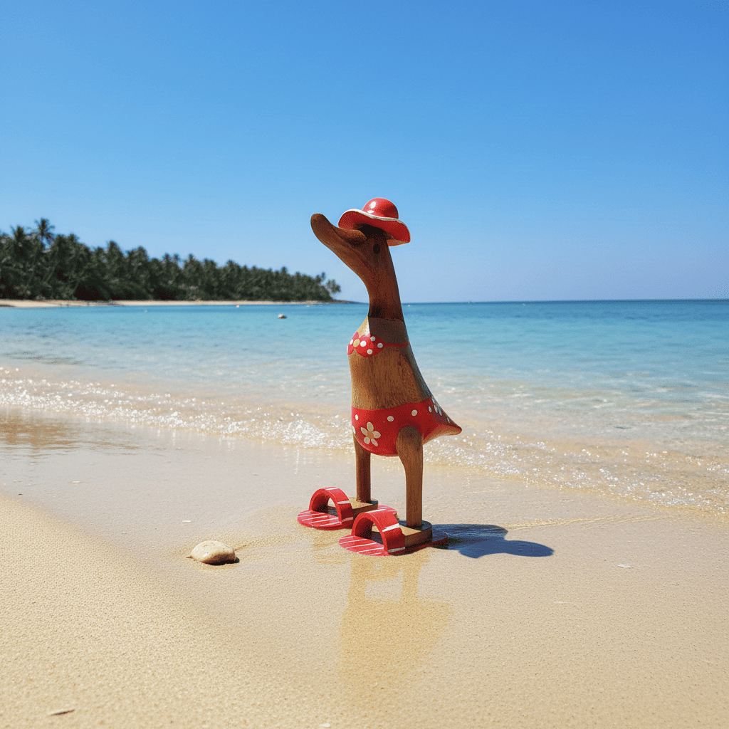 Ente aus Bambus im roten Blümchen Bikini, mit Flip Flops und Sonnenhut - Höhe ca. 25 cm. Wunderschöne Deko aus Bambuswurzel. Jedes Teil handgefertigt und ein Unikat. Ein Hingucker für Drinnen und Draußen. 
Ente im roten Blümchen Bikini mit Sonnenhut und Flip Flops - Farbe: natur / weiß / gelb / rot - Material: Bambus - 
Maße: Höhe 25 cm - Ursprung: Indonesien