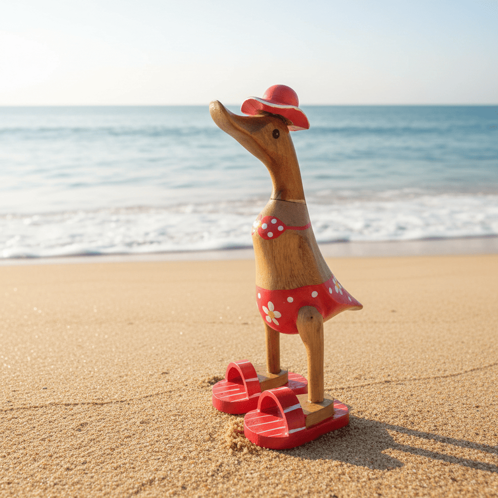 Ente aus Bambus im roten Blümchen Bikini, mit Flip Flops und Sonnenhut - Höhe ca. 25 cm. Wunderschöne Deko aus Bambuswurzel. Jedes Teil handgefertigt und ein Unikat. Ein Hingucker für Drinnen und Draußen. 
Ente im roten Blümchen Bikini mit Sonnenhut und Flip Flops - Farbe: natur / weiß / gelb / rot - Material: Bambus - 
Maße: Höhe 25 cm - Ursprung: Indonesien