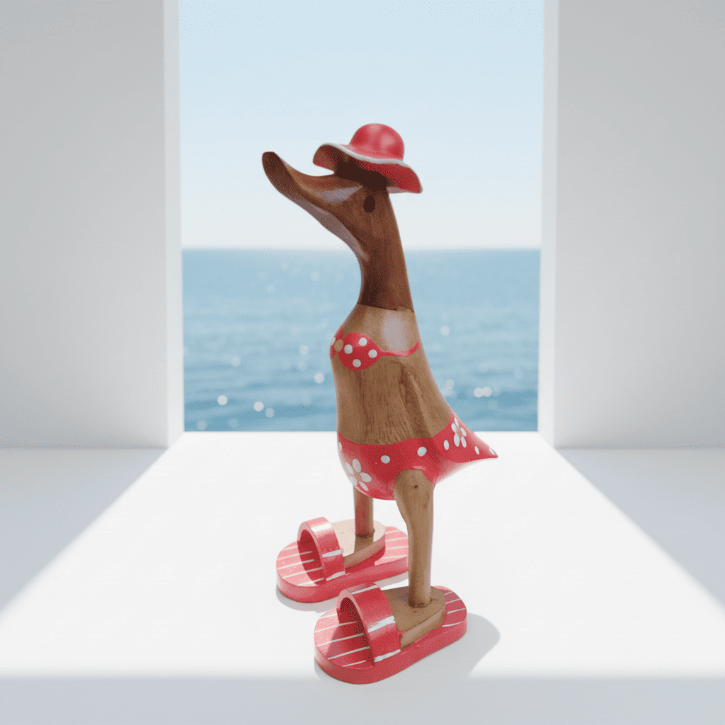 Ente aus Bambus im roten Blümchen Bikini, mit Flip Flops und Sonnenhut - Höhe ca. 25 cm. Wunderschöne Deko aus Bambuswurzel. Jedes Teil handgefertigt und ein Unikat. Ein Hingucker für Drinnen und Draußen. 
Ente im roten Blümchen Bikini mit Sonnenhut und Flip Flops - Farbe: natur / weiß / gelb / rot - Material: Bambus - 
Maße: Höhe 25 cm - Ursprung: Indonesien