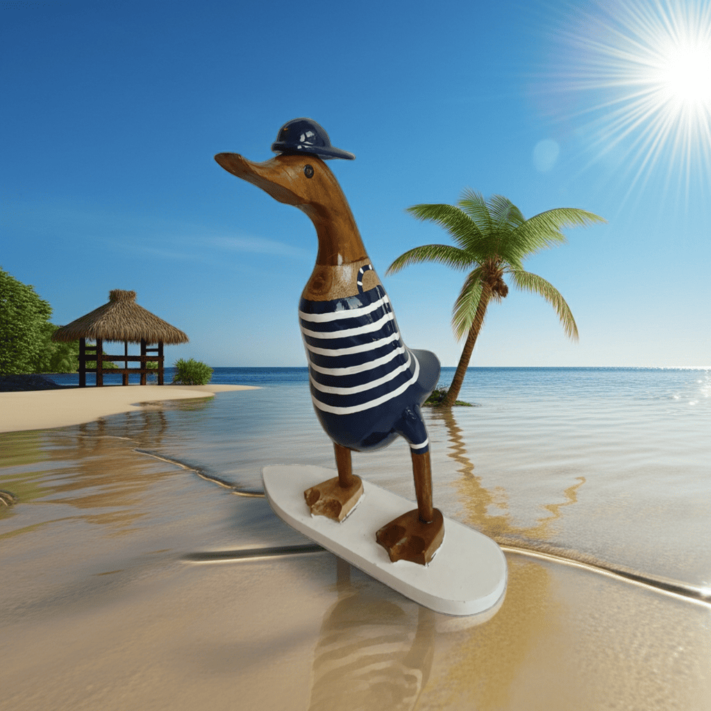 Bambusente als Surfer mit Surfbrett in den Farben blau und weiß - Höhe ca. 25 cm - Den Surfer gibt es in 2 verschiedenen Ausführungen.
Wunderschöne Deko aus Bambuswurzel. Jedes Teil handgefertigt und ein Unikat. Ein Hingucker für Drinnen und Draußen.
Ente Surfer mit Badeanzug und Surfbrett
Farbe: natur / schwarz / blau / weiß
Material: Bambus
Maße: Höhe ca. 25 cm
Ursprung: Indonesien
Lieferumfang: 1 Bambusente "Surfer" in der ausgesuchten Variante