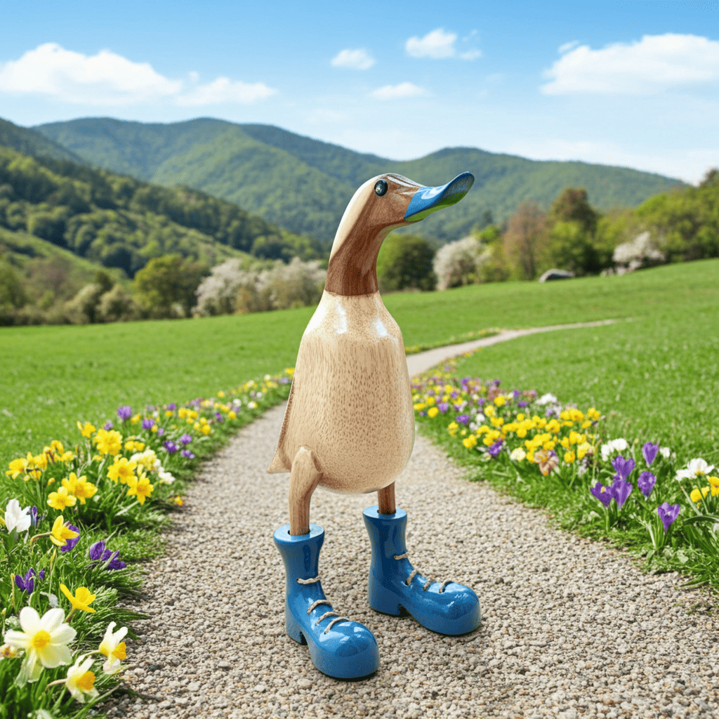 Ente aus Bambus mit grauen Stiefeln, grauen Schnabel und einer Höhe von 25 cm . Wunderschöne Deko aus Bambuswurzel. Jedes Teil handgefertigt und ein Unikat. Ein Hingucker für Drinnen und Draußen