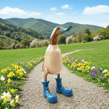 Ente aus Bambus mit grauen Stiefeln, grauen Schnabel und einer Höhe von 25 cm . Wunderschöne Deko aus Bambuswurzel. Jedes Teil handgefertigt und ein Unikat. Ein Hingucker für Drinnen und Draußen