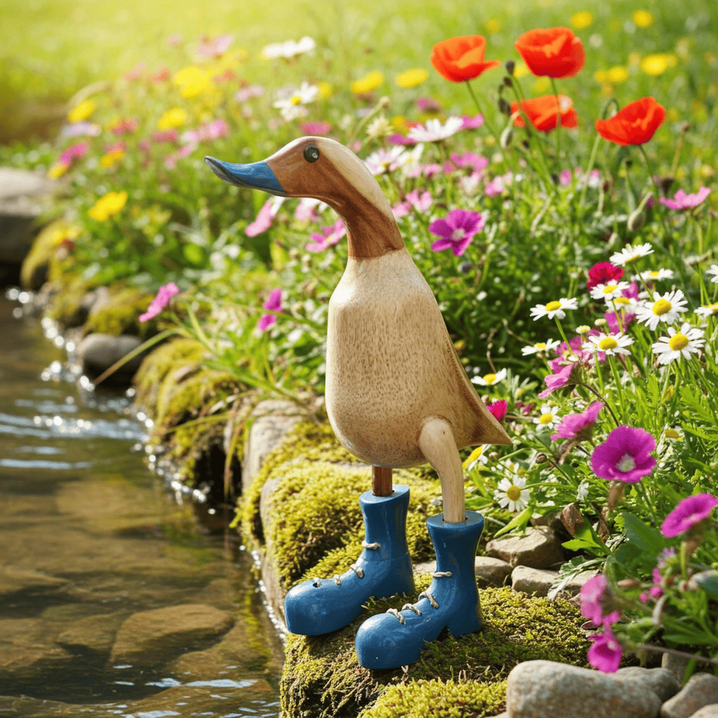 Ente aus Bambus mit grauen Stiefeln, grauen Schnabel und einer Höhe von 25 cm . Wunderschöne Deko aus Bambuswurzel. Jedes Teil handgefertigt und ein Unikat. Ein Hingucker für Drinnen und Draußen