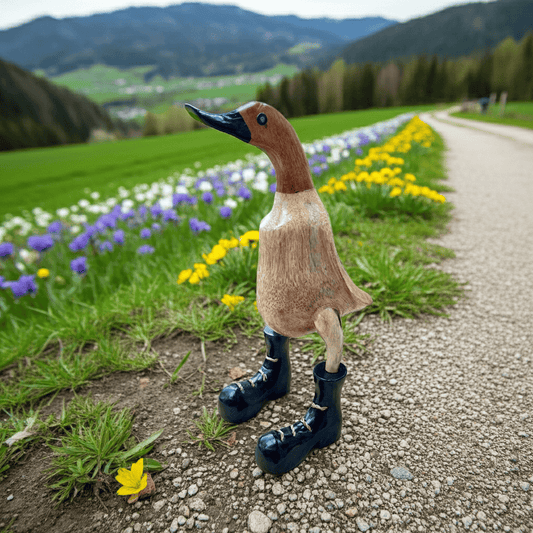 Ente aus Bambus mit schwarzen Stiefeln, schwarzem Schnabel und einer Höhe von 25 cm. Wunderschöne Deko aus Bambuswurzel. Jedes Teil handgefertigt und ein Unikat. Ein Hingucker für Drinnen und Draußen