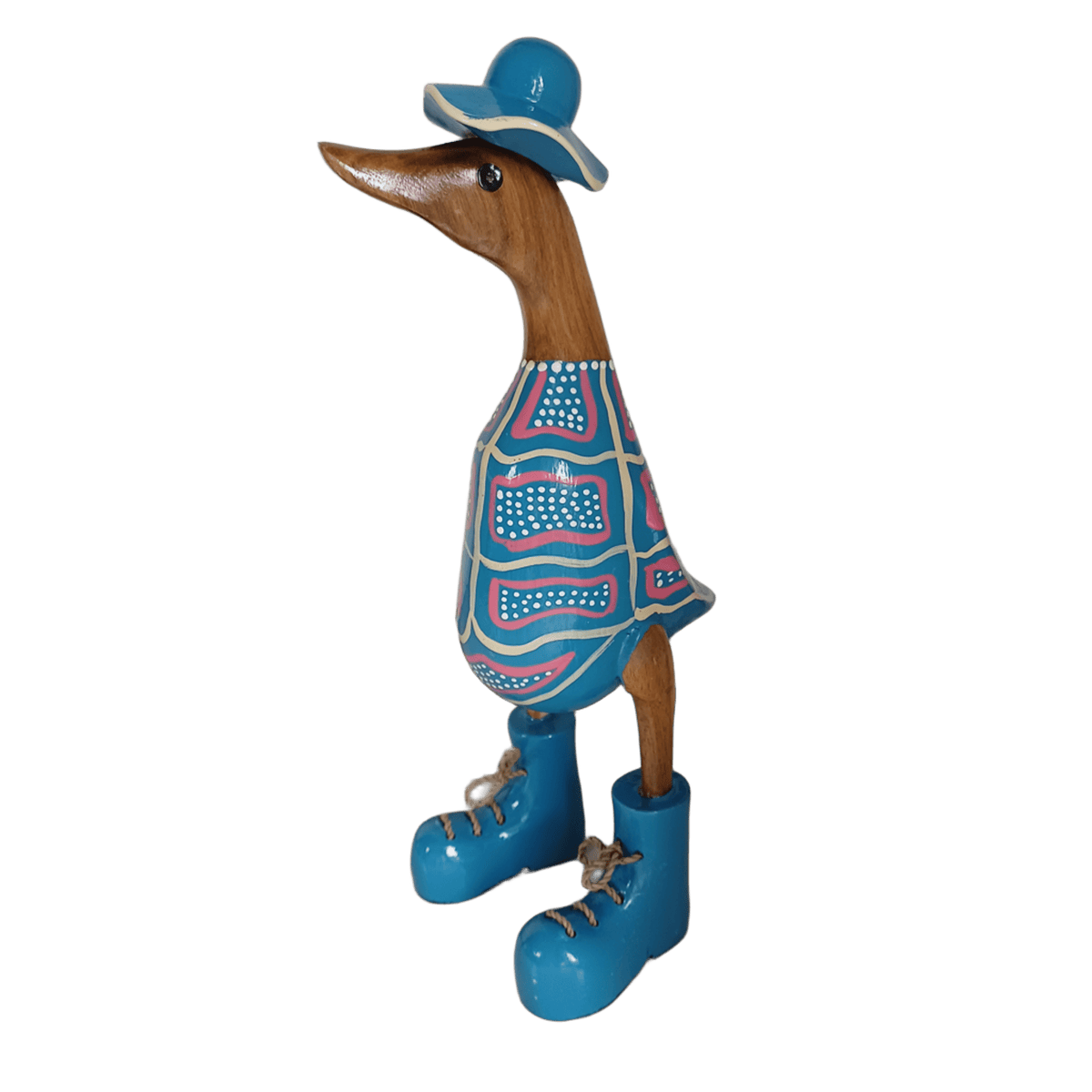 In 2026 ganz neu eingetroffen ist die Australische Bambusente mit Hut und Schuhen in blau. Die Bemalung erinnert an die traditionellen Körperbemalungen der australischen Ureinwohner, der Aborigines. Wunderschöne Deko aus Bambuswurzel. Jedes Teil handgefertigt und ein Unikat aus Bali / Indonesien. Ein Hingucker für Drinnen und Draußen. 
Zudem stehen die Enten aus Bambus für Familie, Treue & Liebe und Holz für Wachstum. So macht es sie dadurch auch zu einem bedeutungsvollen Geschenk für einen lieben  Menschen