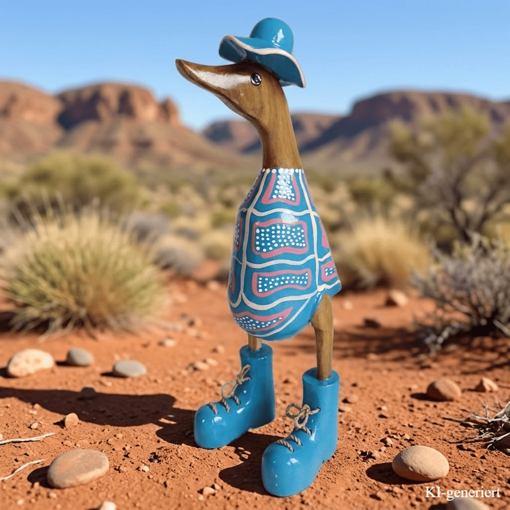 In 2026 ganz neu eingetroffen ist die Australische Bambusente mit Hut und Schuhen in blau. Die Bemalung erinnert an die traditionellen Körperbemalungen der australischen Ureinwohner, der Aborigines. Wunderschöne Deko aus Bambuswurzel. Jedes Teil handgefertigt und ein Unikat aus Bali / Indonesien. Ein Hingucker für Drinnen und Draußen. 
Zudem stehen die Enten aus Bambus für Familie, Treue & Liebe und Holz für Wachstum. So macht es sie dadurch auch zu einem bedeutungsvollen Geschenk für einen lieben  Menschen