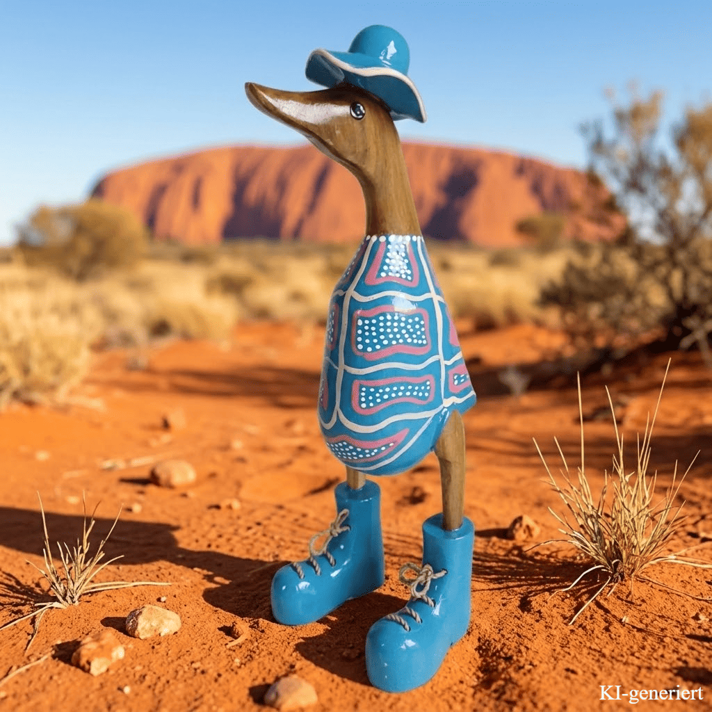 In 2026 ganz neu eingetroffen ist die Australische Bambusente mit Hut und Schuhen in blau. Die Bemalung erinnert an die traditionellen Körperbemalungen der australischen Ureinwohner, der Aborigines. Wunderschöne Deko aus Bambuswurzel. Jedes Teil handgefertigt und ein Unikat aus Bali / Indonesien. Ein Hingucker für Drinnen und Draußen. 
Zudem stehen die Enten aus Bambus für Familie, Treue & Liebe und Holz für Wachstum. So macht es sie dadurch auch zu einem bedeutungsvollen Geschenk für einen lieben  Menschen